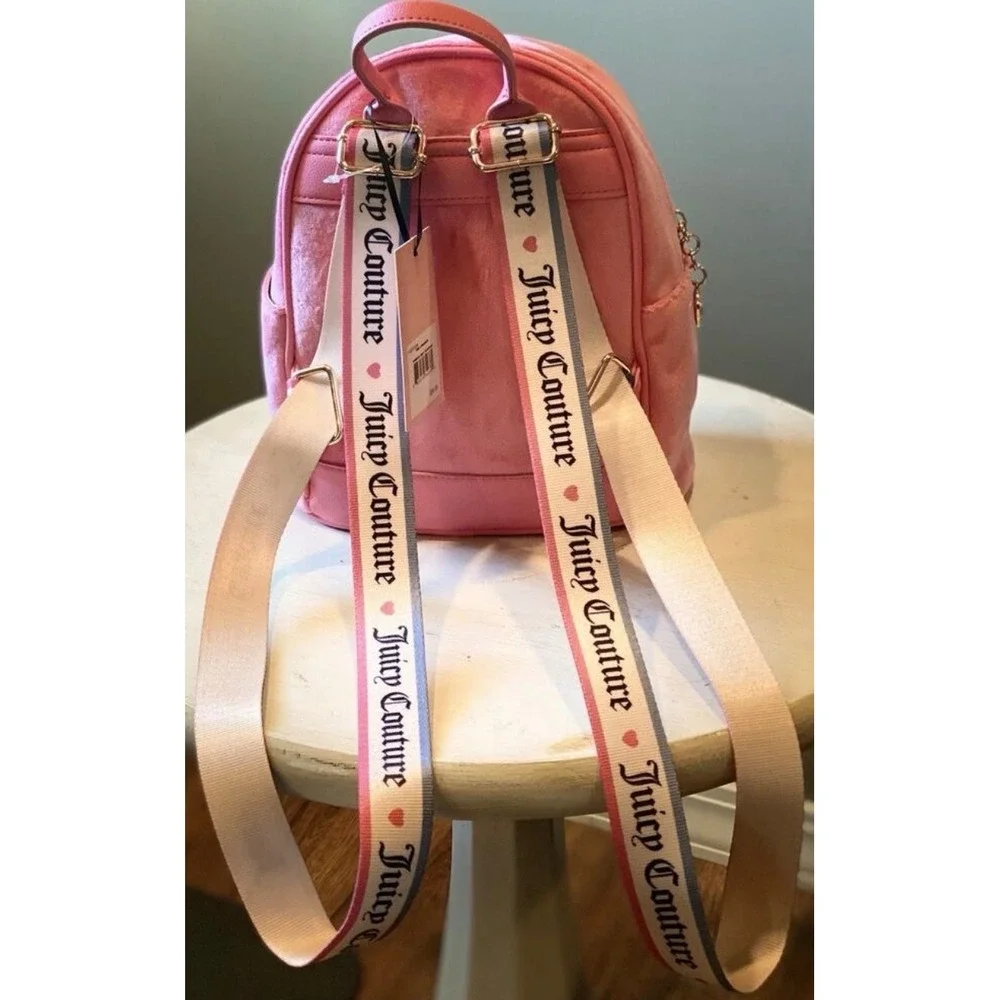 Juicy Couture Pink‎ Velour Mini Backpack Crystal Heart Charm Rhinestone Logo